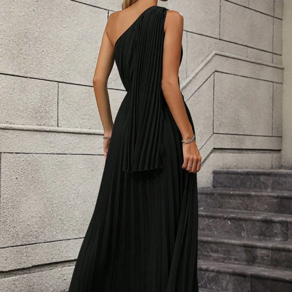 Black Casual Womens One Shoulder Twist Front Pleated Hem Dress - Picture 2 of 5